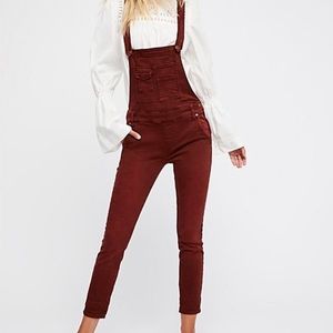 Free People Washed Red Denim Overalls